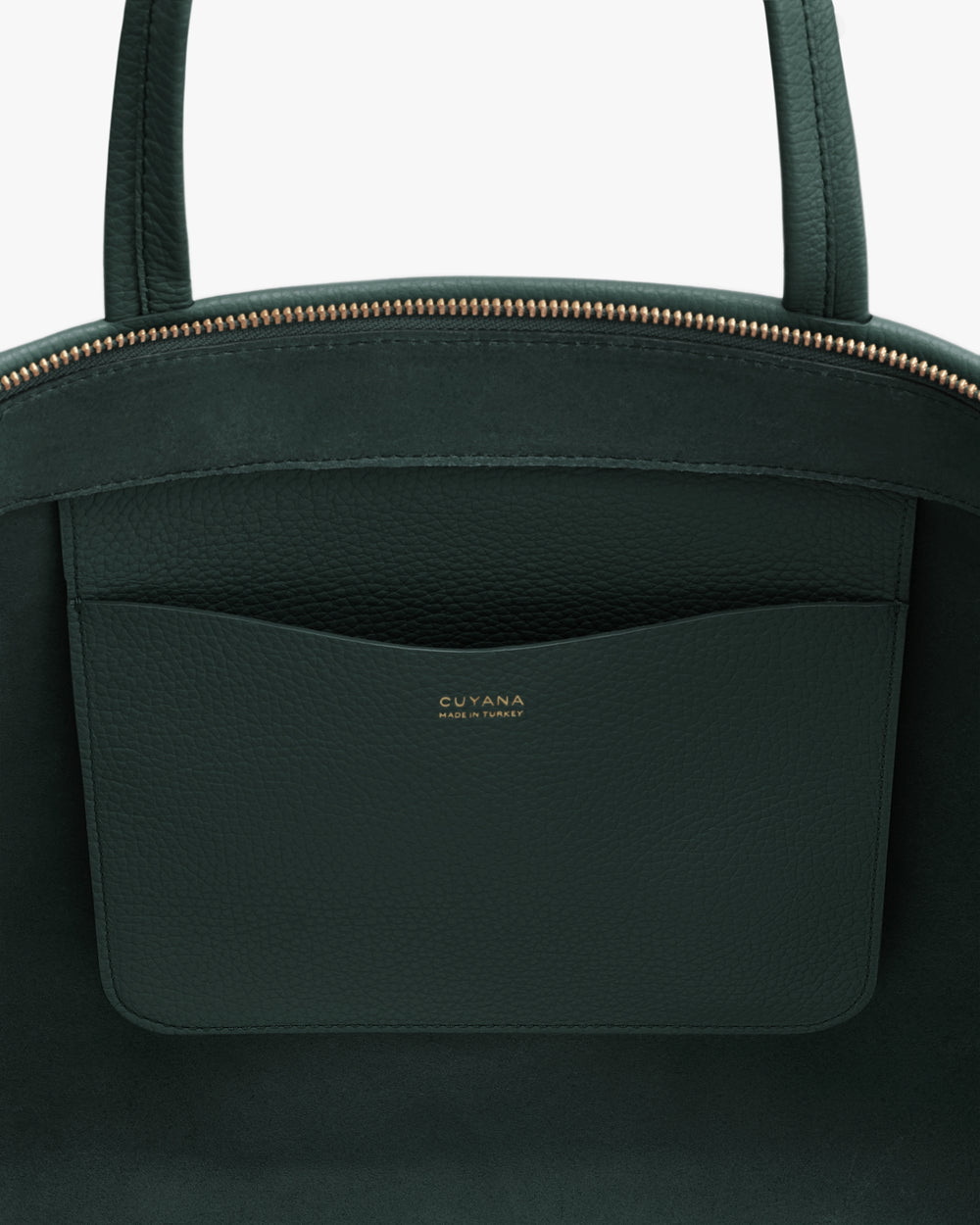 Open handbag with interior pocket and visible zipper.