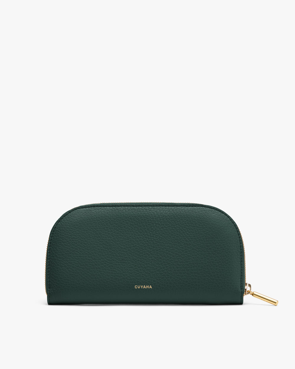 Half-circle leather pouch with a zipper on top edge.