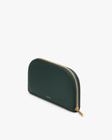 Semi-circular clutch with a zipper on top.