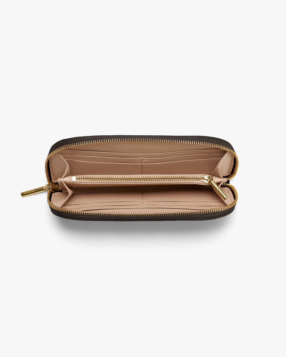 Open zippered wallet showing multiple compartments