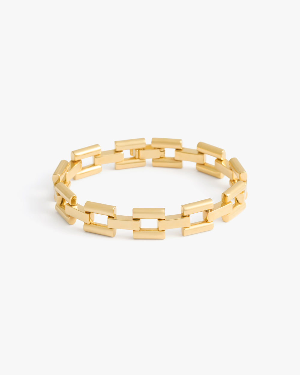 Chain link bracelet with rectangular links on a plain background.
