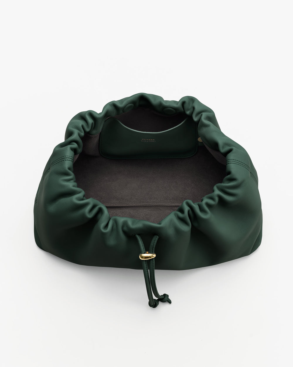 Drawstring bag open to show interior.