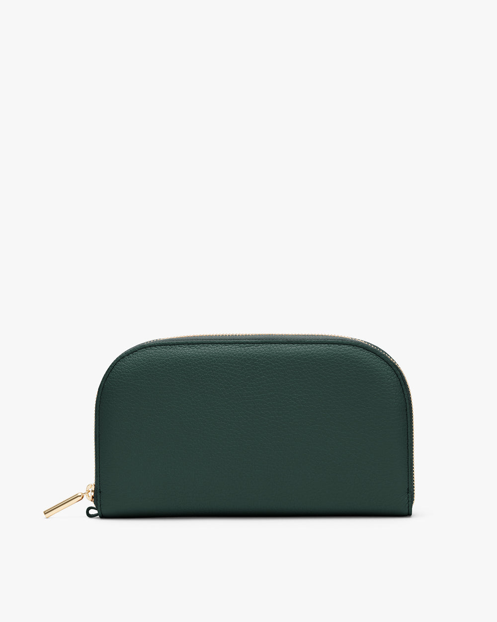 Wallet with rounded top and zipper on a plain background.