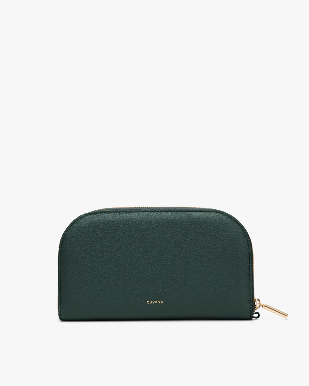 Rectangular pouch with zipper and text on front.