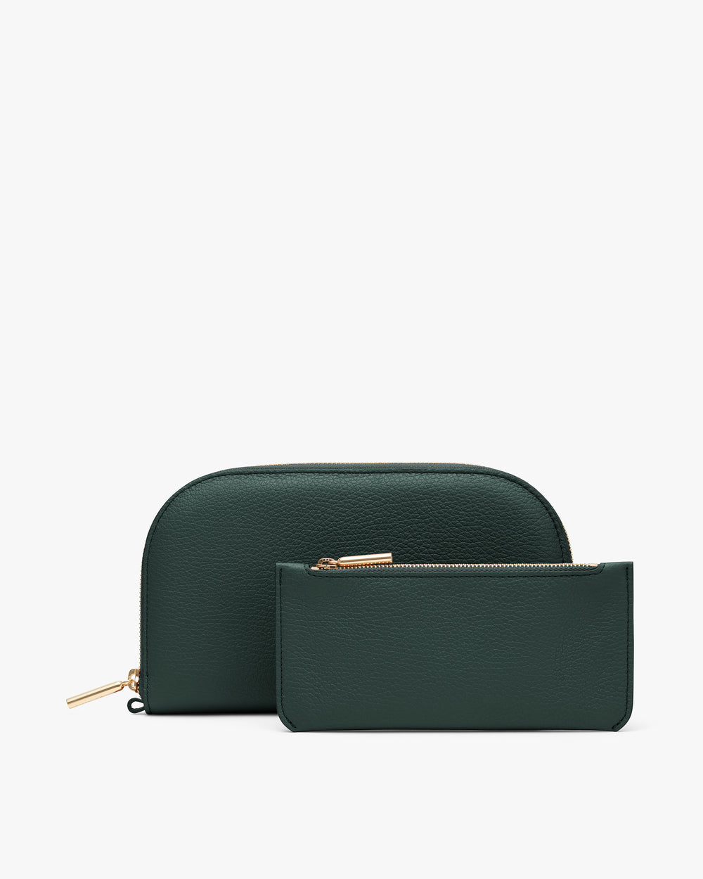 Two zippered pouches, one larger with rounded top, one smaller rectangular, arranged together