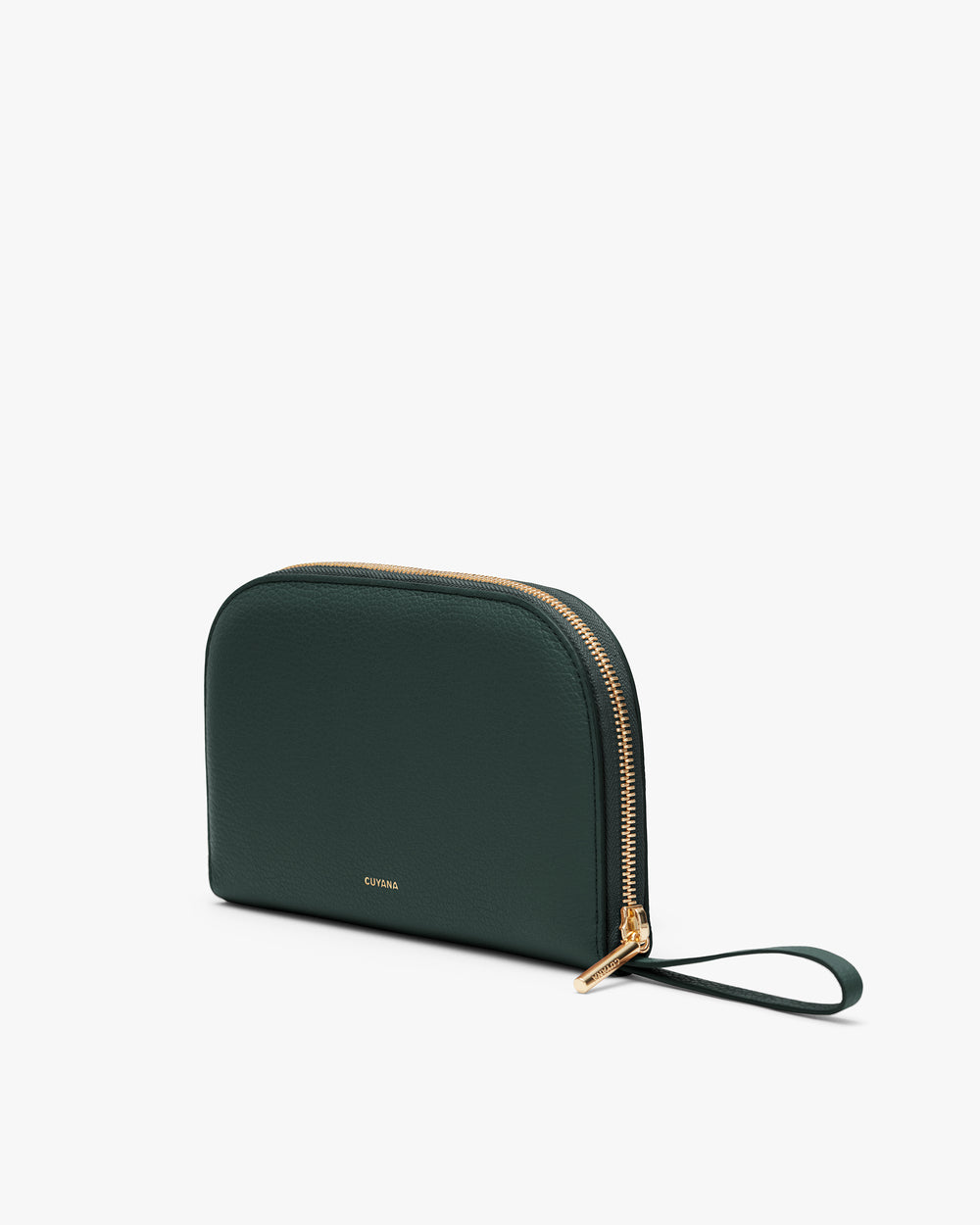Wristlet pouch with zipper and small embossed logo.