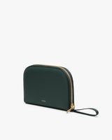 Wristlet pouch with zipper and small embossed logo.