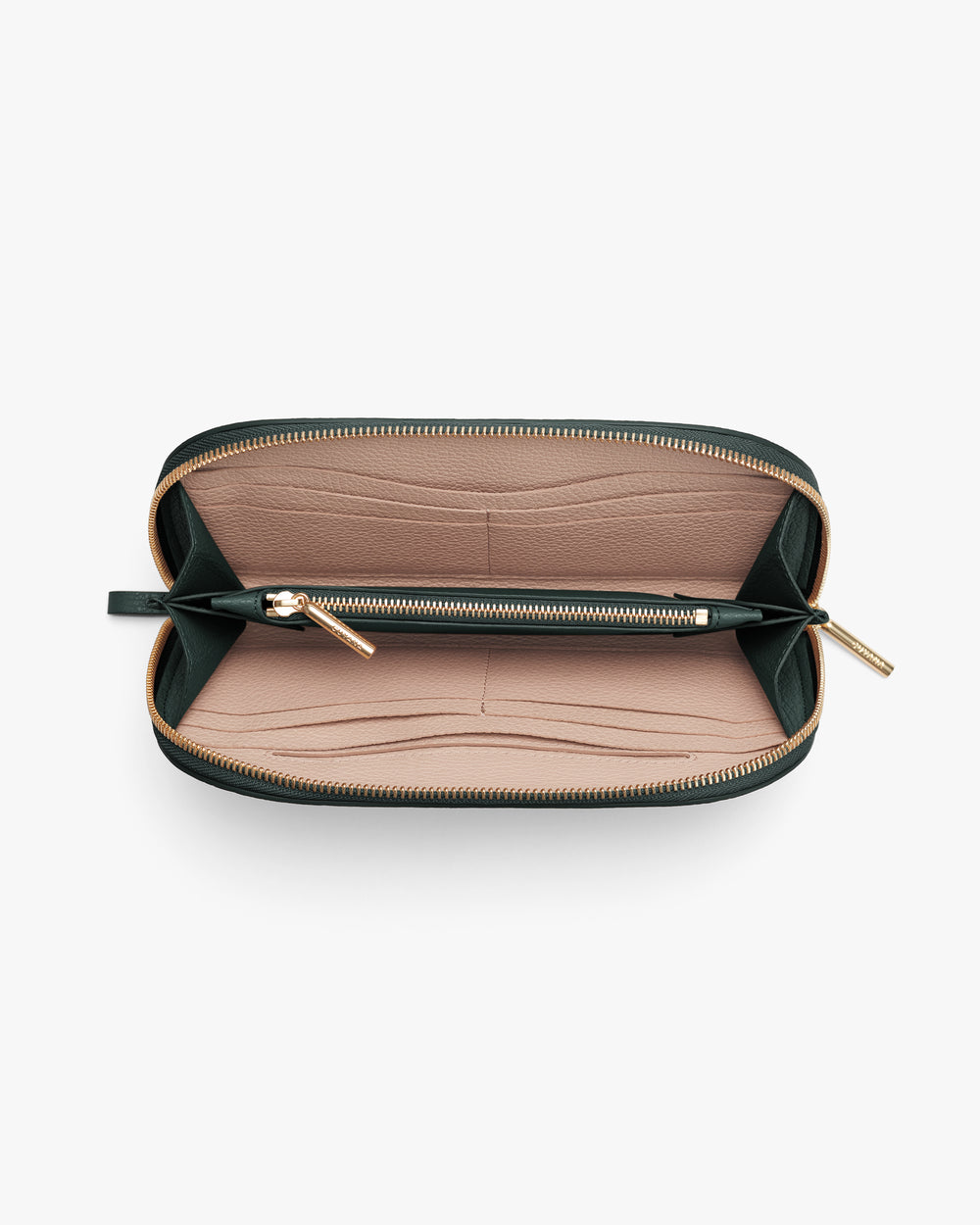 Open wallet with multiple card slots and a zipper compartment