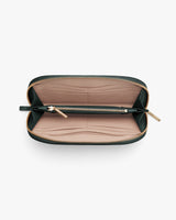Open wallet with multiple card slots and a zipper compartment