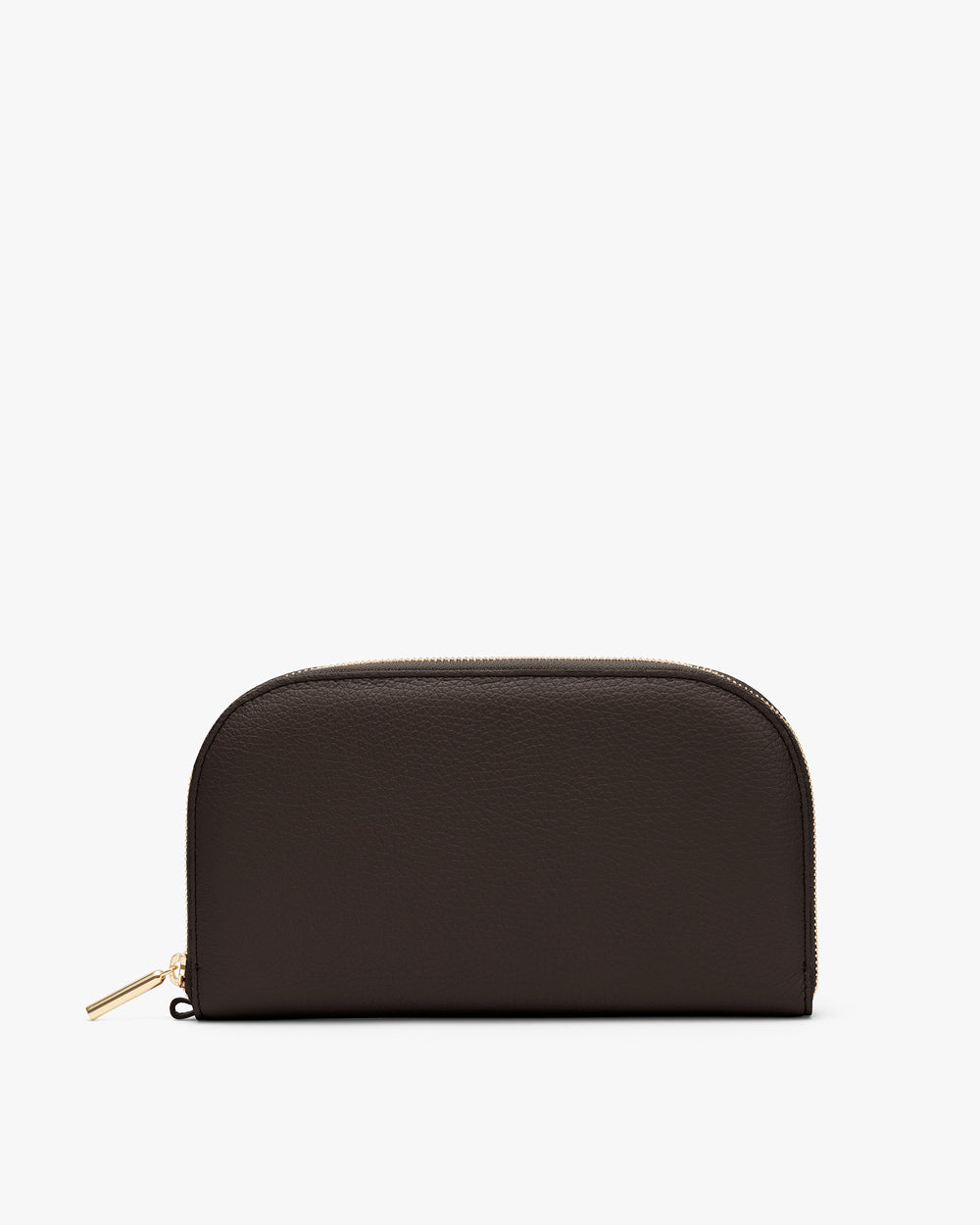 Rectangular leather zippered pouch displayed on a plain background.