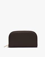Rectangular leather zippered pouch displayed on a plain background.