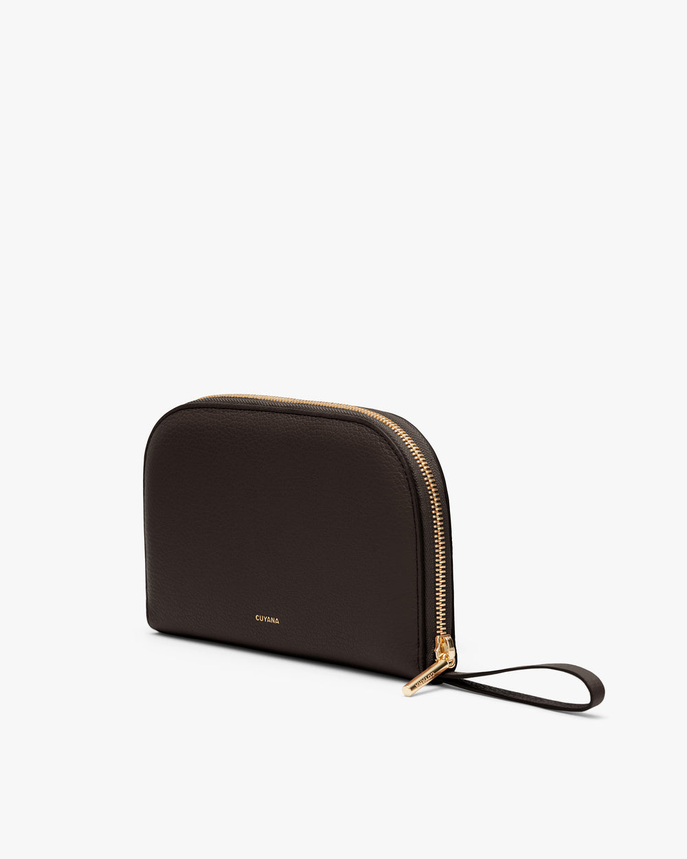 Leather pouch with wrist strap and zipper closure.
