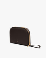 Leather pouch with wrist strap and zipper closure.