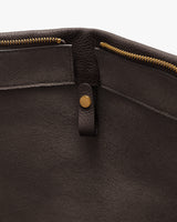 Close-up of an open bag with zipper and button detail.