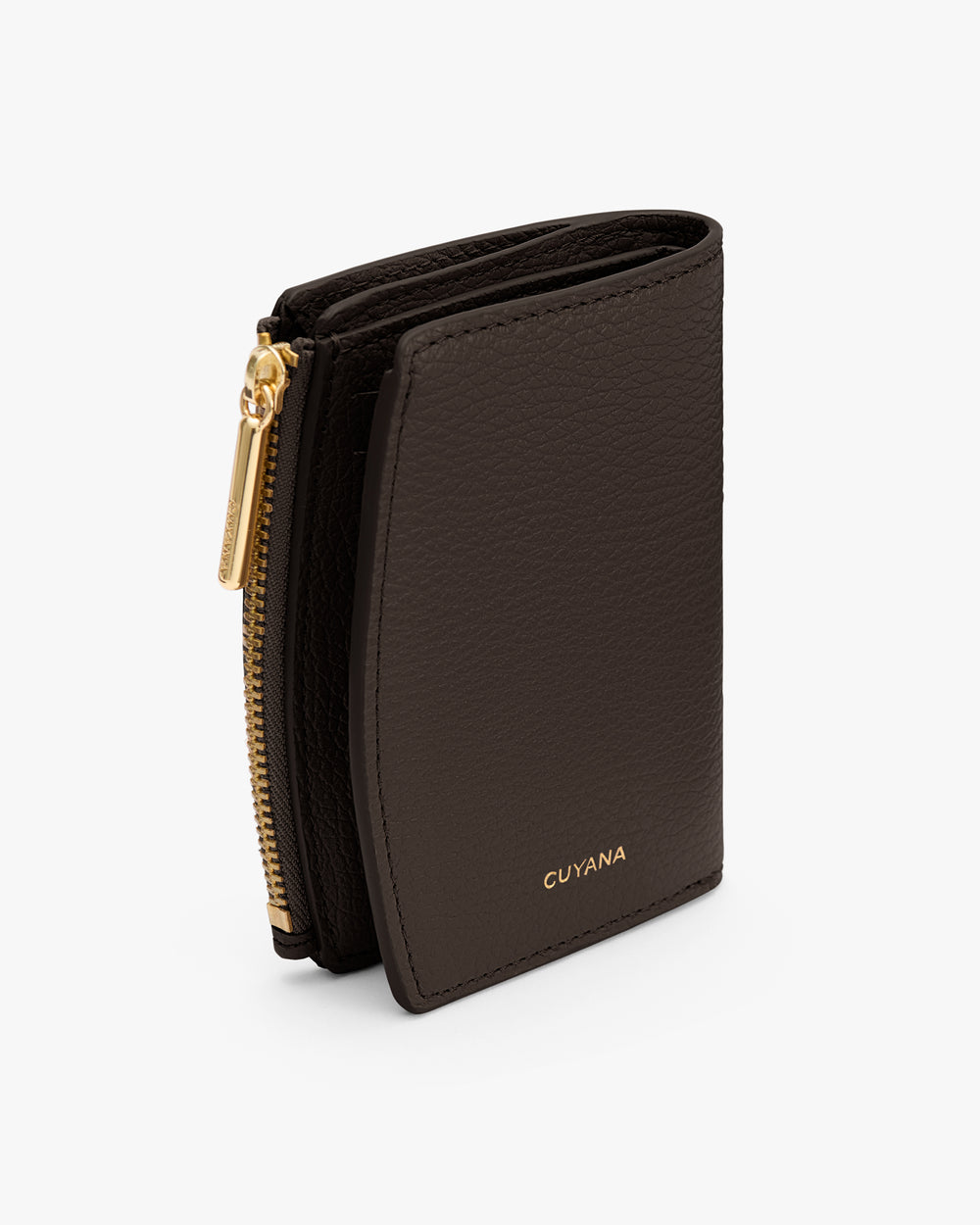 Folded wallet with a zipper and a small logo on the front.
