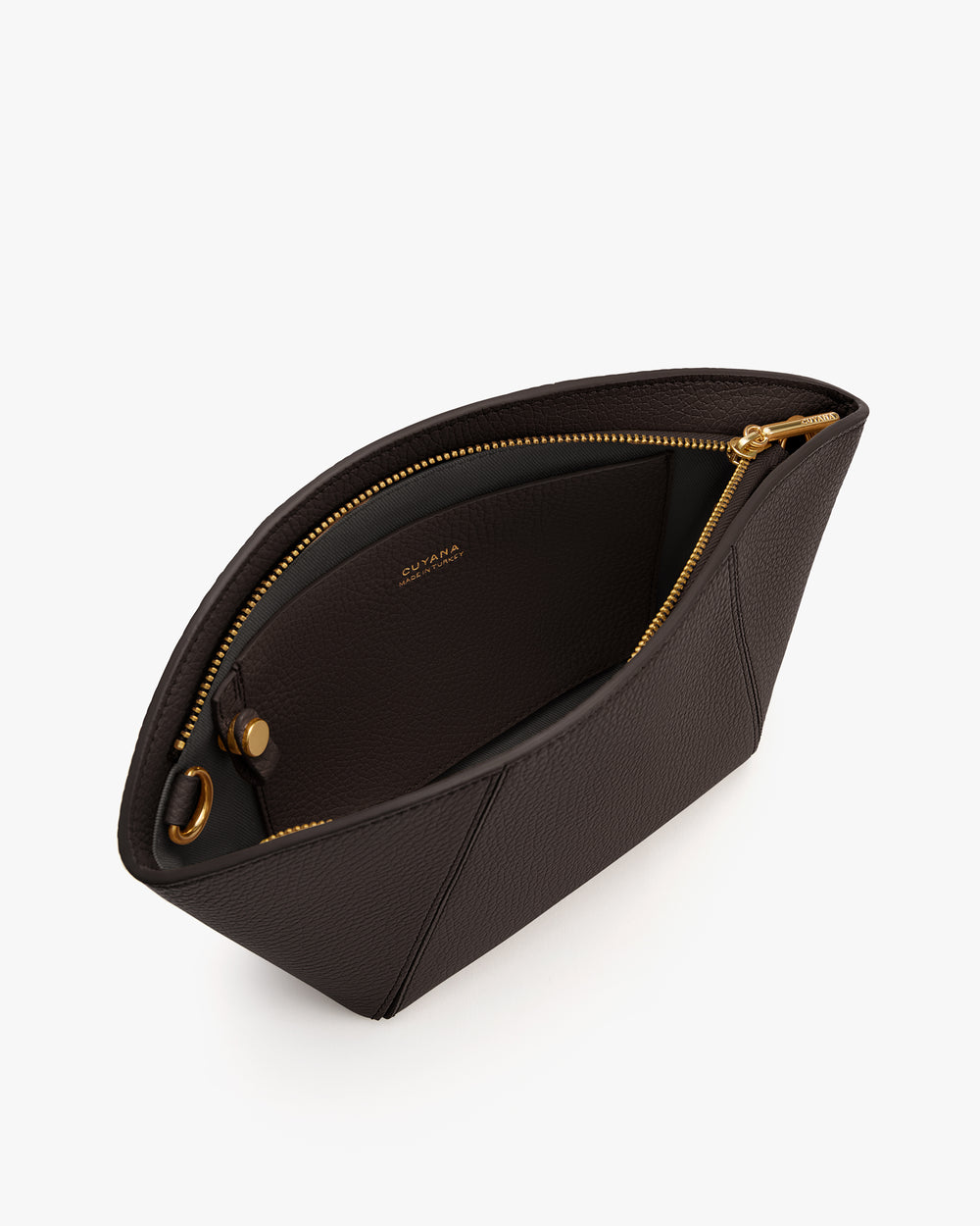 Open zipper pouch with two small interior pockets.