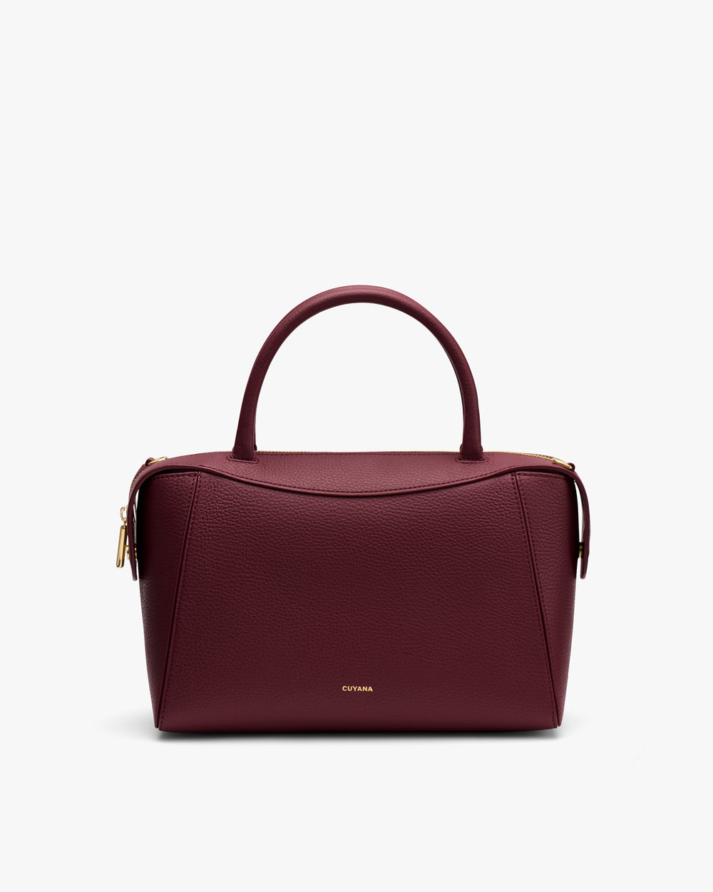 Handbag with a curved handle and zipper closure.