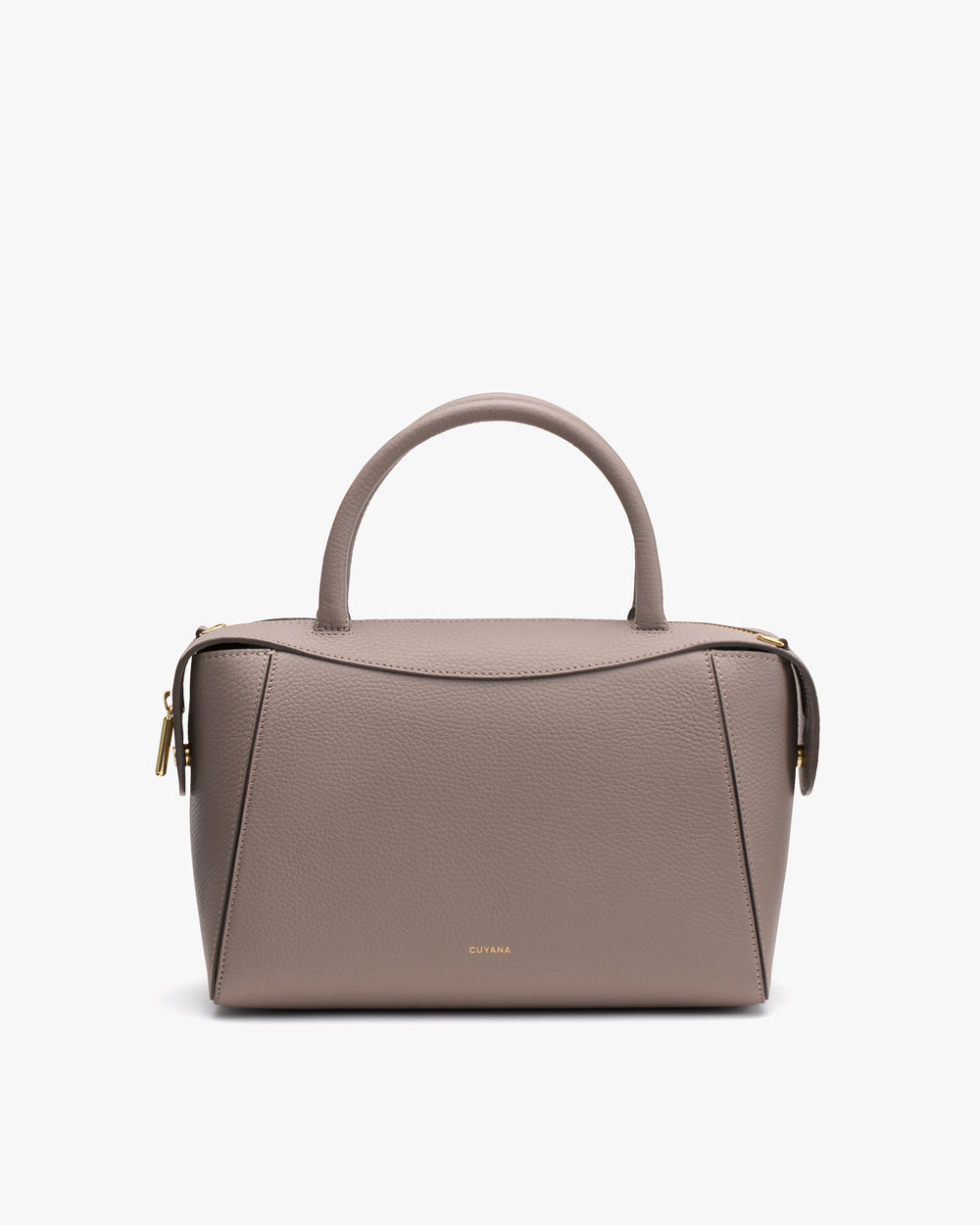 A handbag with a top handle and a zip closure on a plain background.