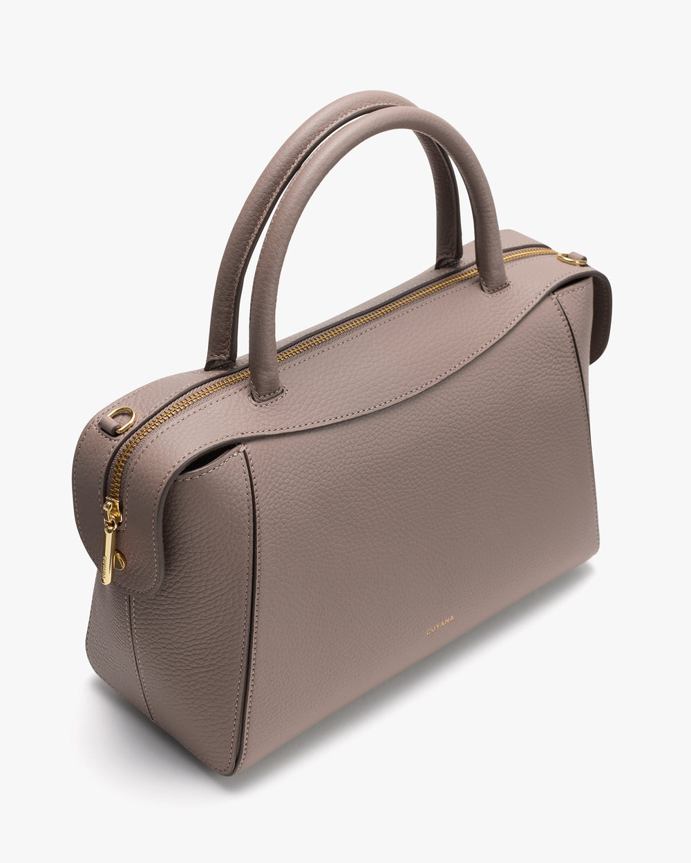 Handbag with zip closure and dual handles.