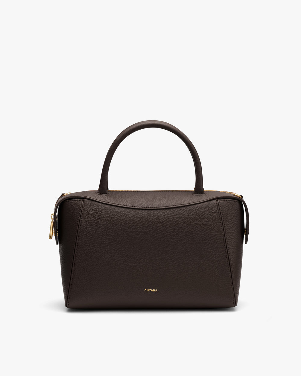 Handbag with top handle and zipper closure on white background.