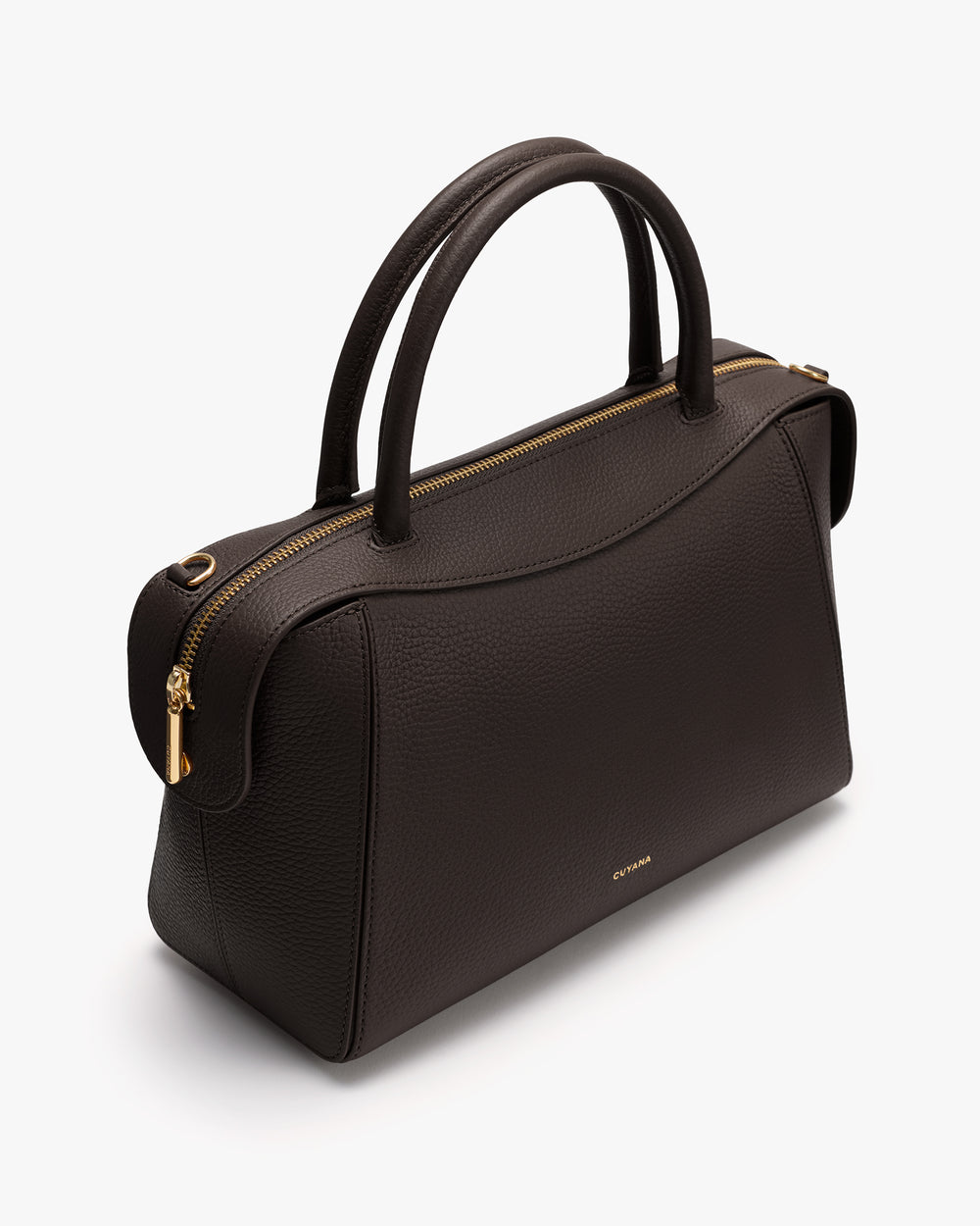 Handbag with curved top and two handles.