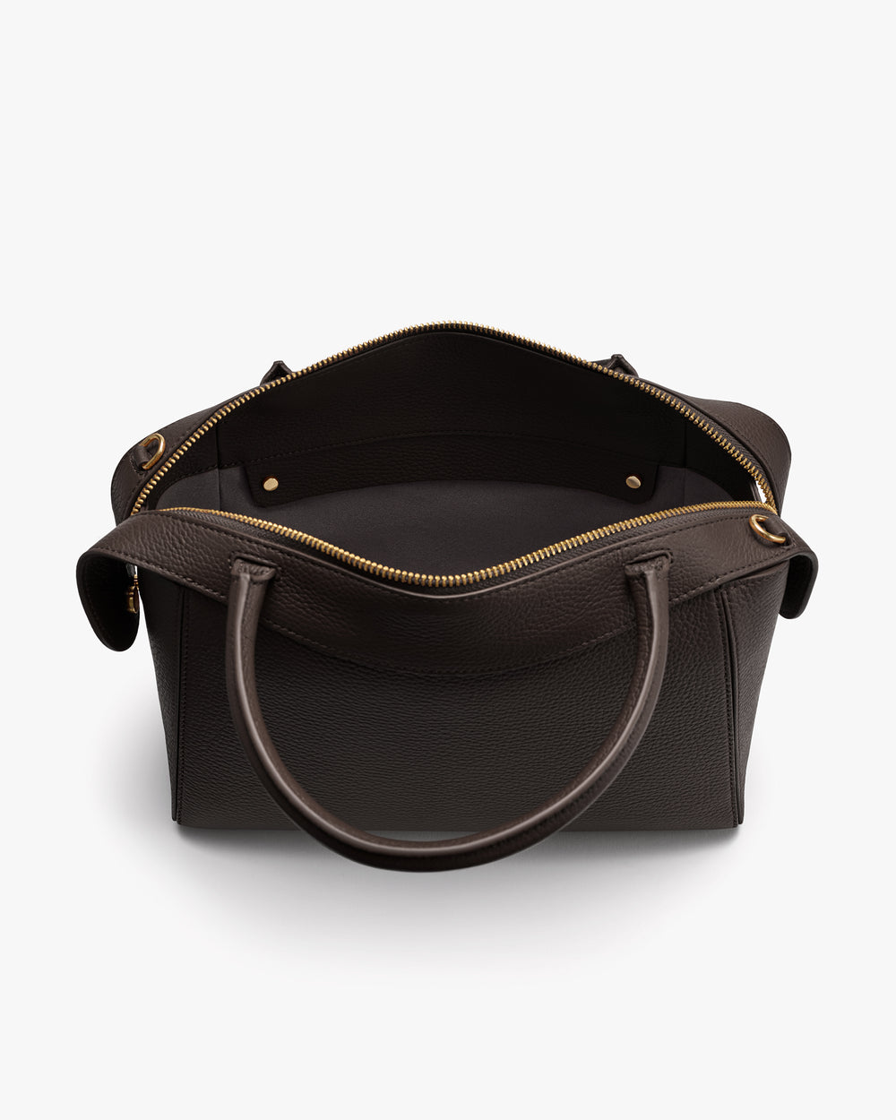 Open handbag with handles and visible interior zip pocket