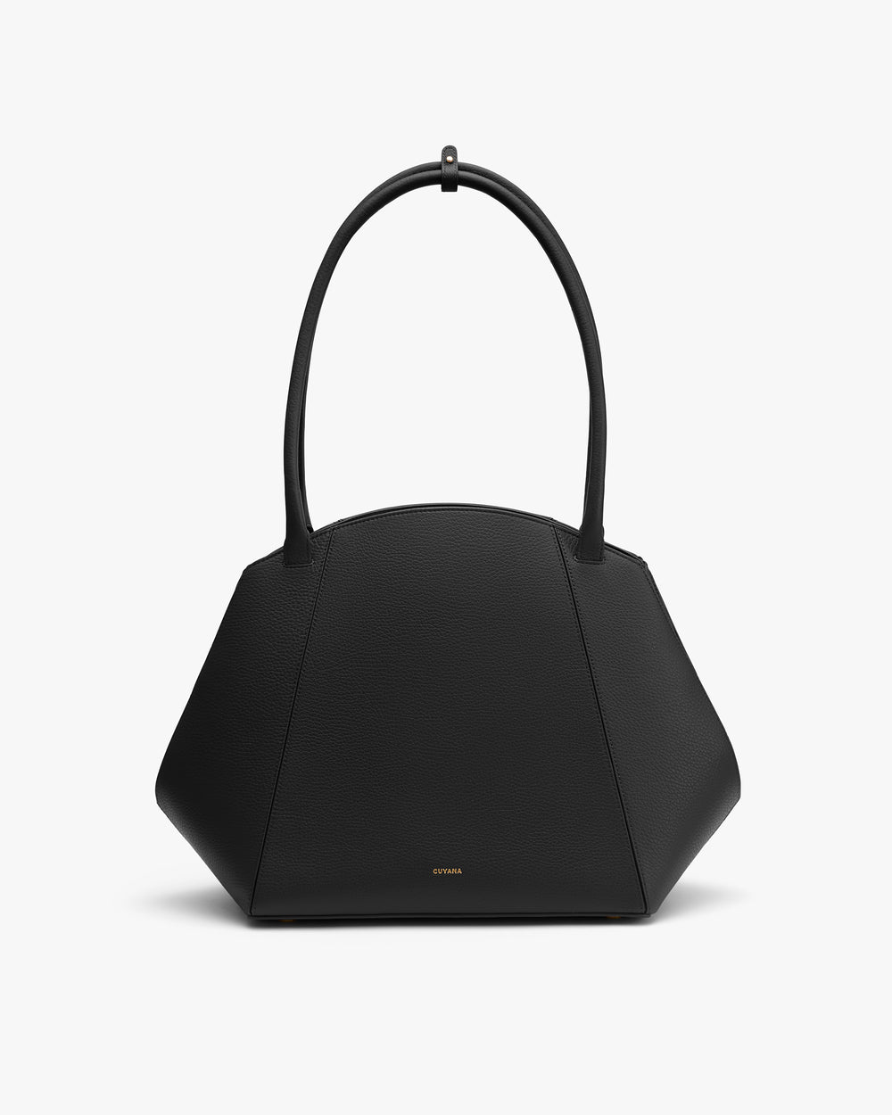 Geometric handbag with two handles on display.