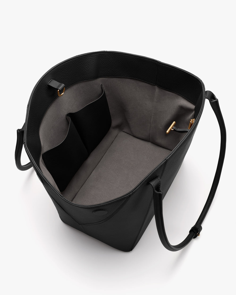 Open top view of a tote bag with interior pockets and straps visible.