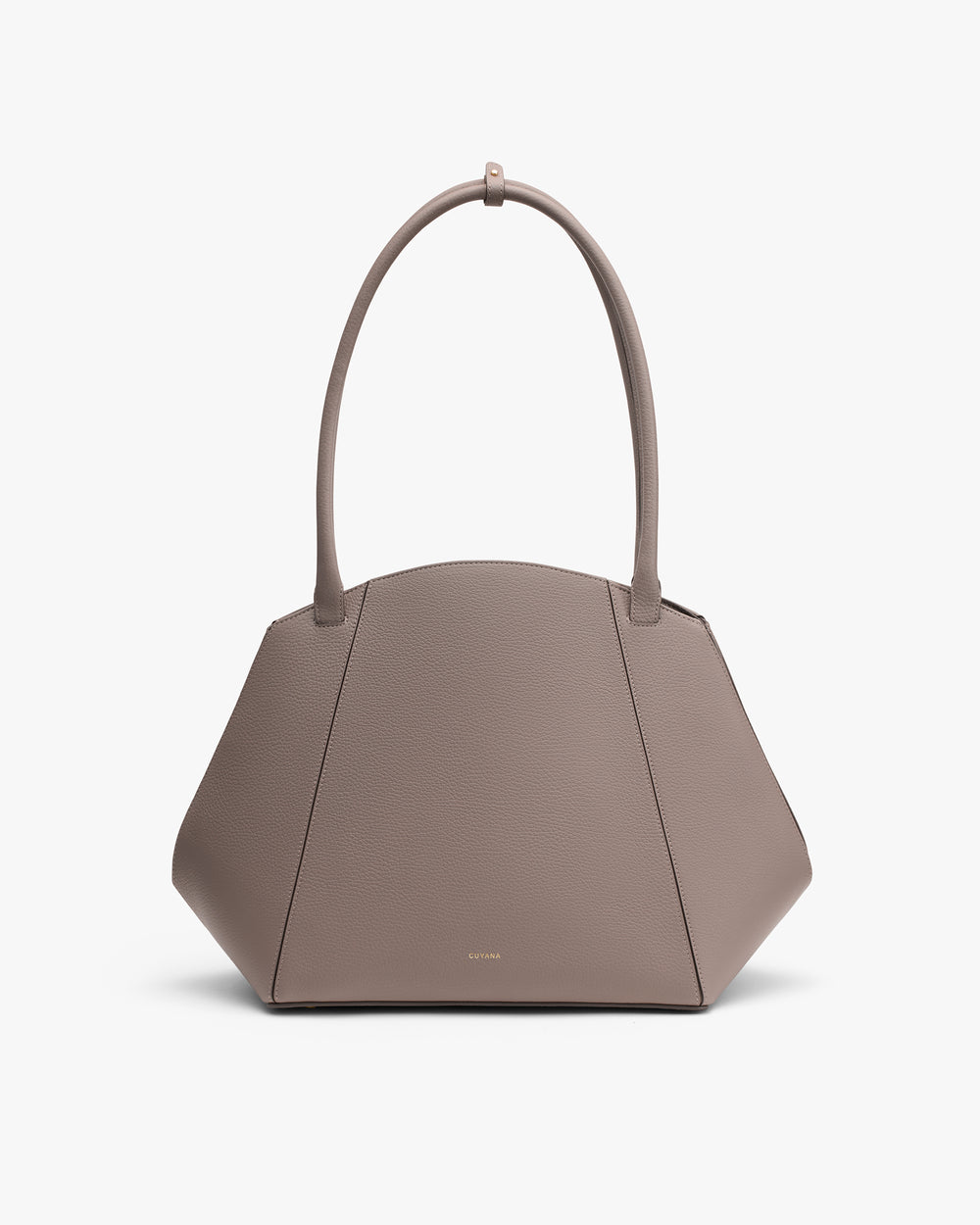 Handbag with long handles and geometric shape.
