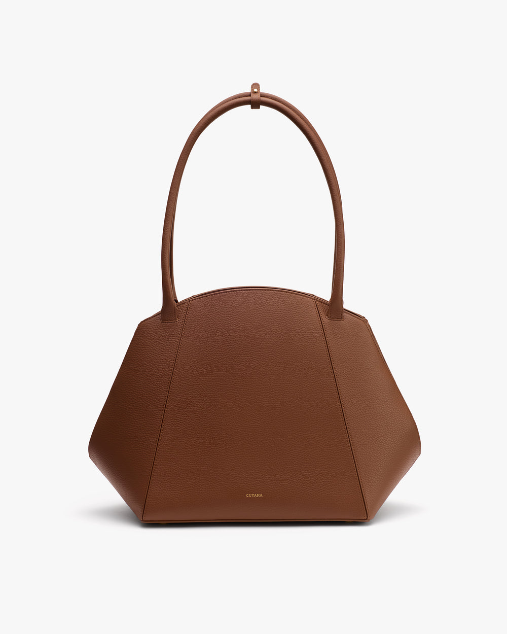 Handbag with rounded geometric shape and short handles.