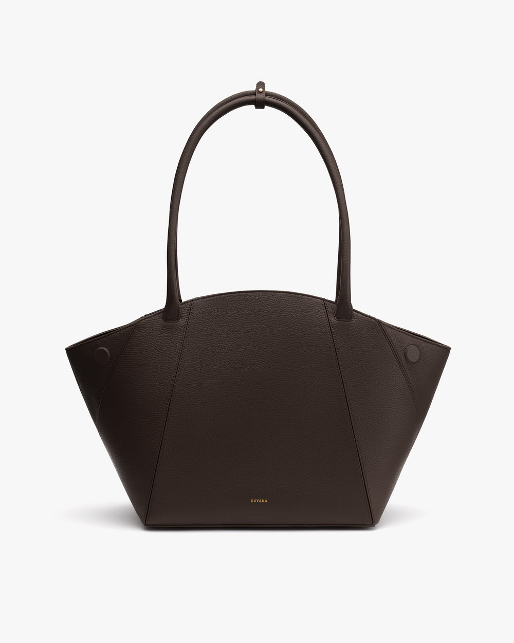 Handbag with a curved top and two long handles.