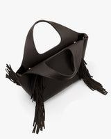 Handbag with fringe detailing and an open handle design.
