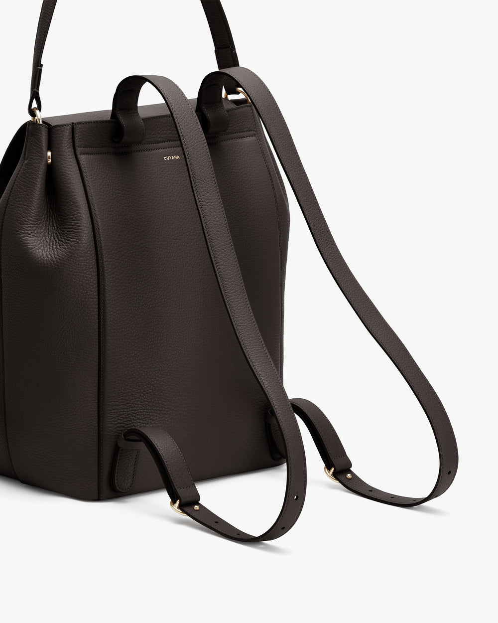 Backpack with long adjustable straps and side hardware detailing.