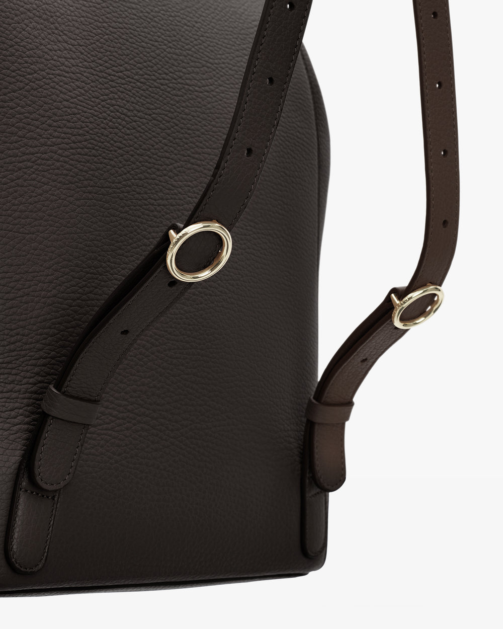 Backpack with close-up view of adjustable straps and metal oval rings.