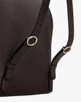 Backpack with close-up view of adjustable straps and metal oval rings.