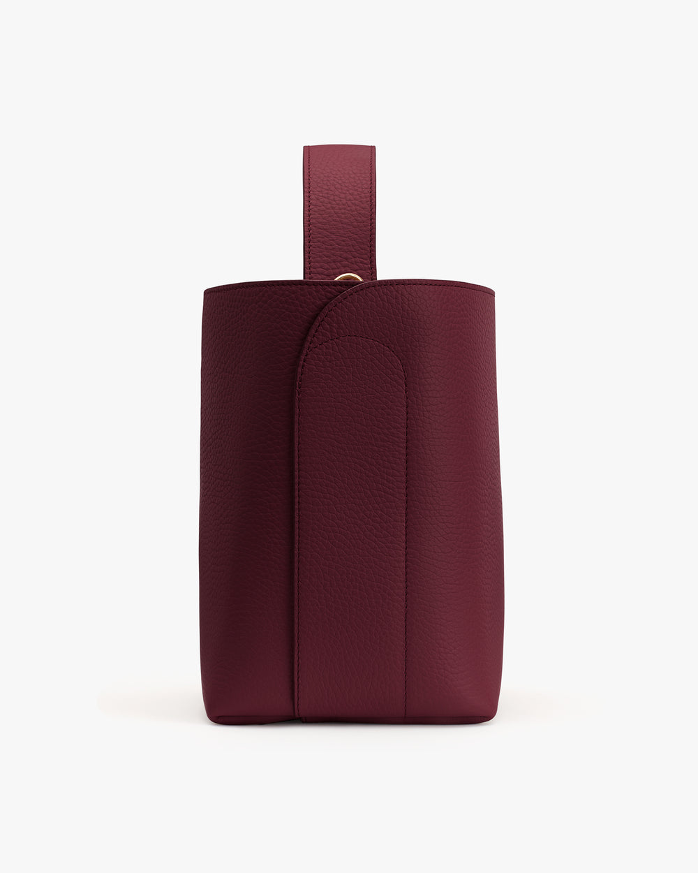Leather wine bottle holder with a strap on top.