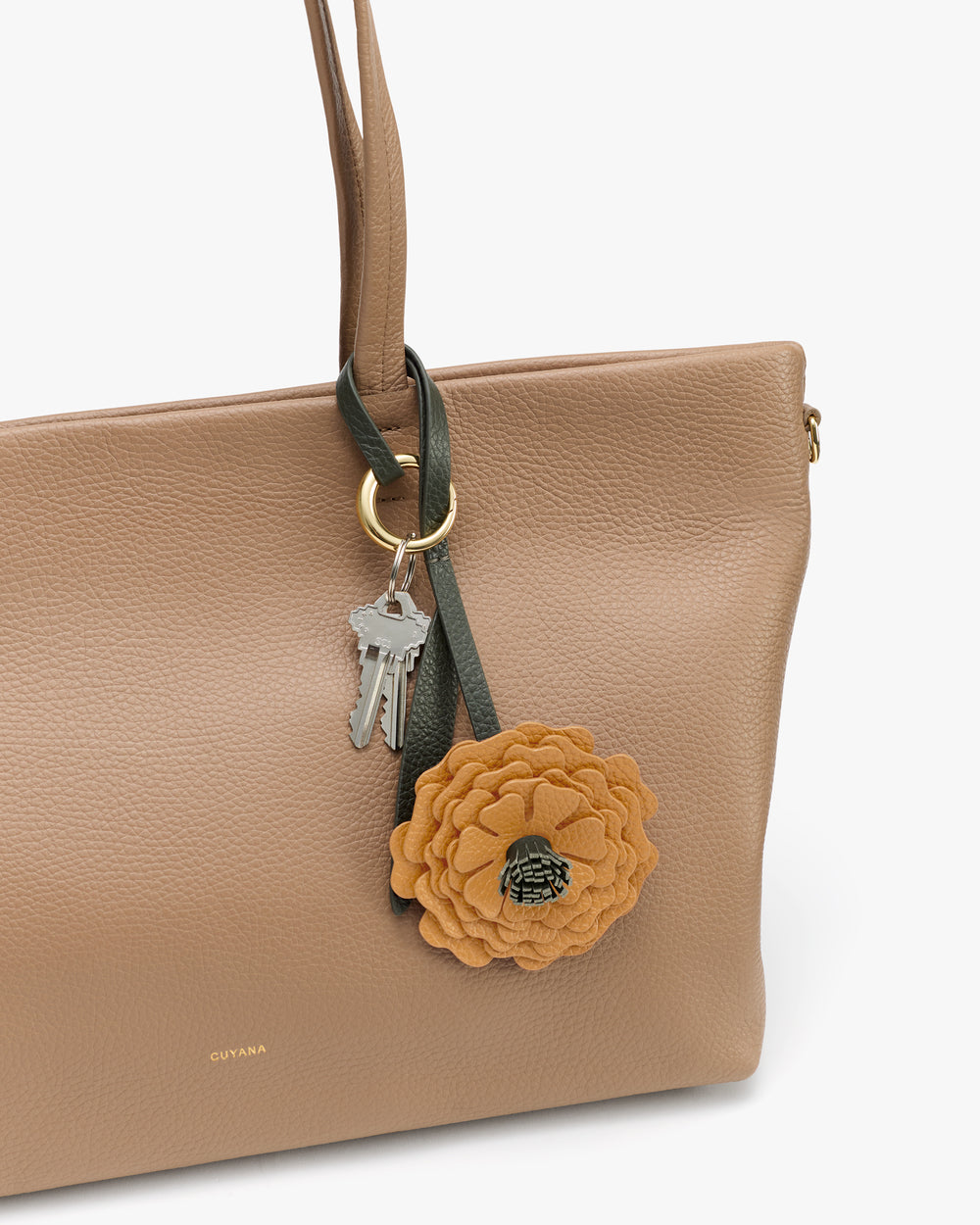 Handbag with a flower keychain and keys attached.