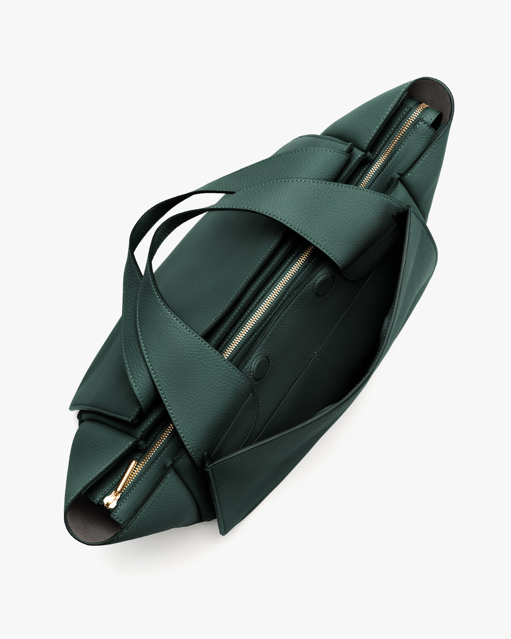 Top view of travel bag with zipper and handles.