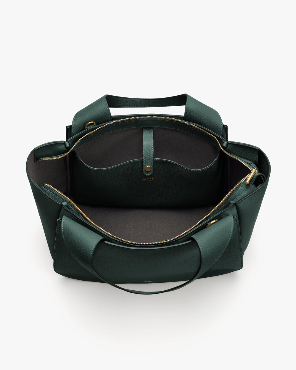 Open travel bag with a visible interior compartment and pockets.