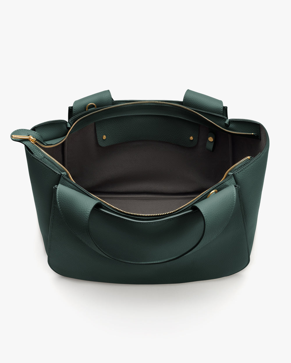 Open travel bag with handles and visible interior pockets.