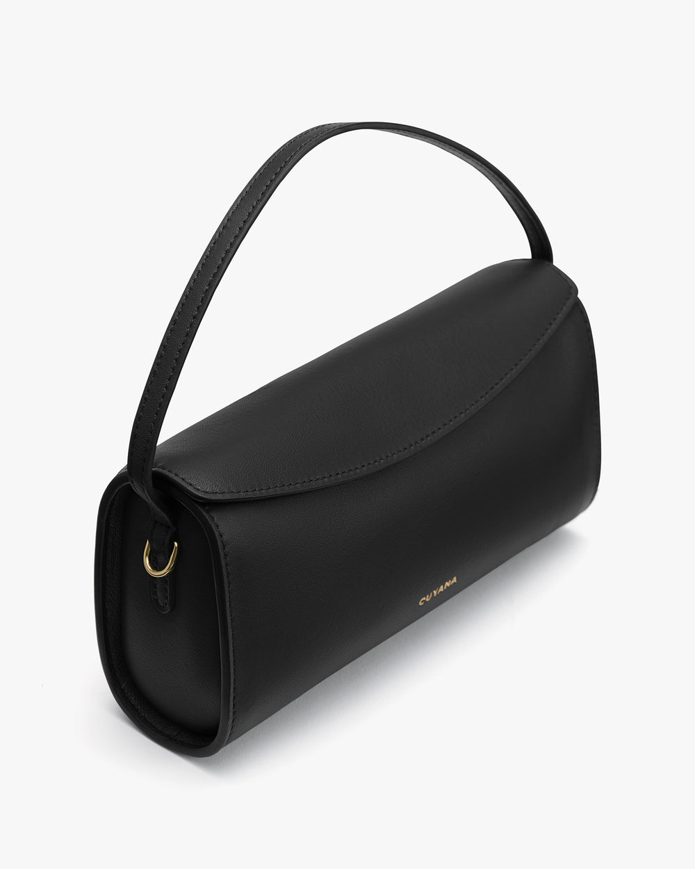 Handbag with a curved flap and a short strap.