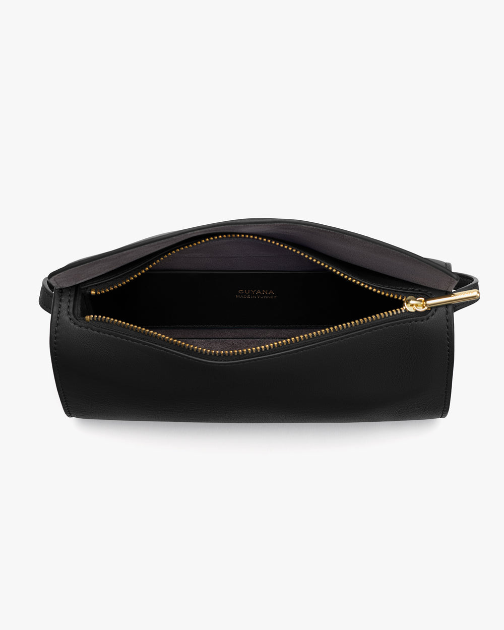 Open handbag with a visible zipper and interior pocket