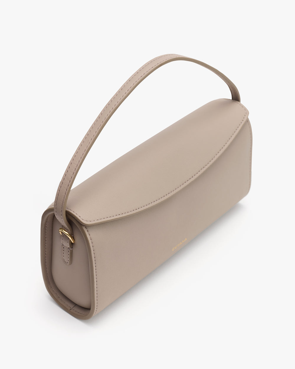 Handbag with top handle and curved flap closure.