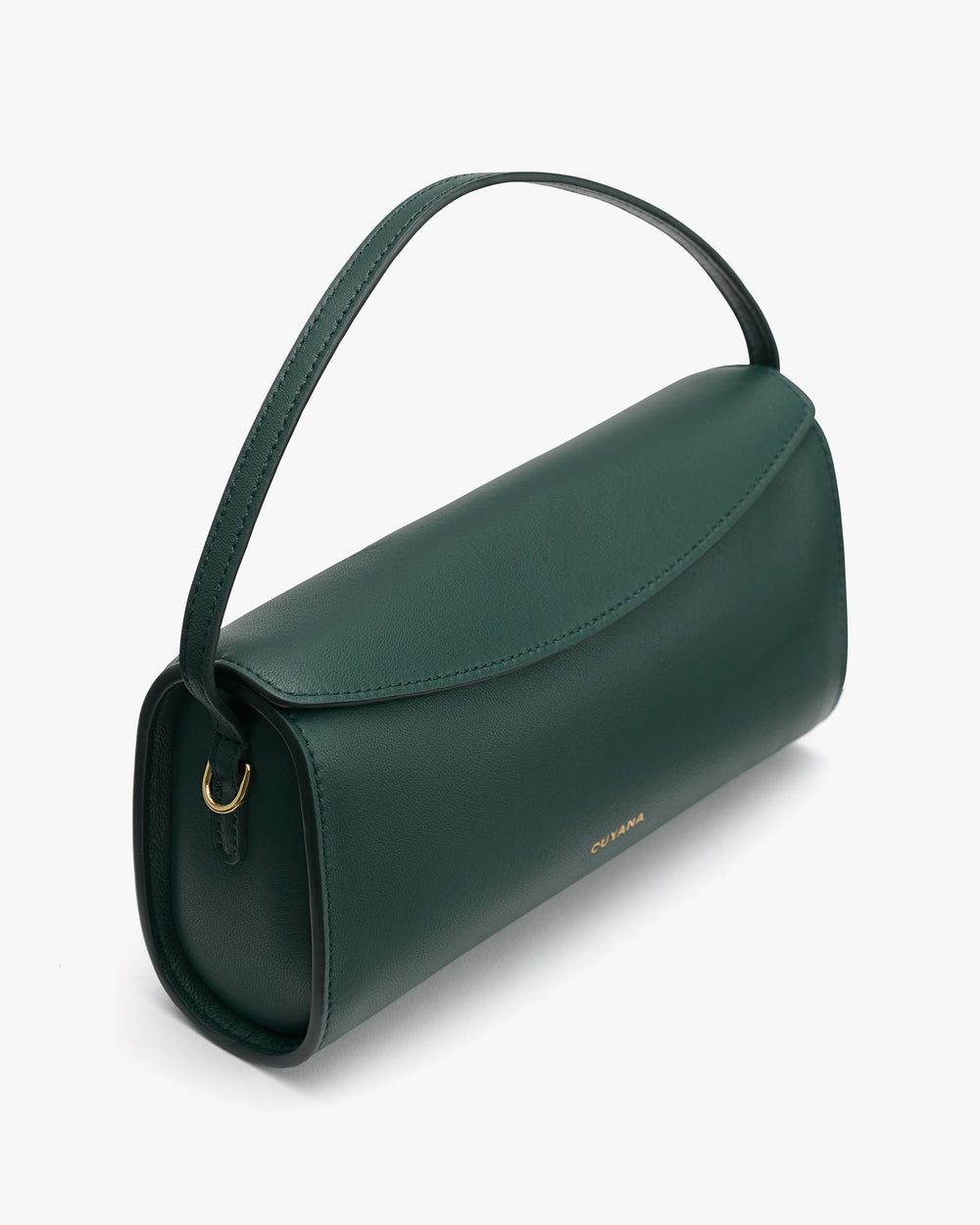 Handbag with a curved handle and flap closure.