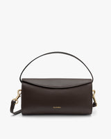 Rectangular handbag with a top handle and detachable strap.