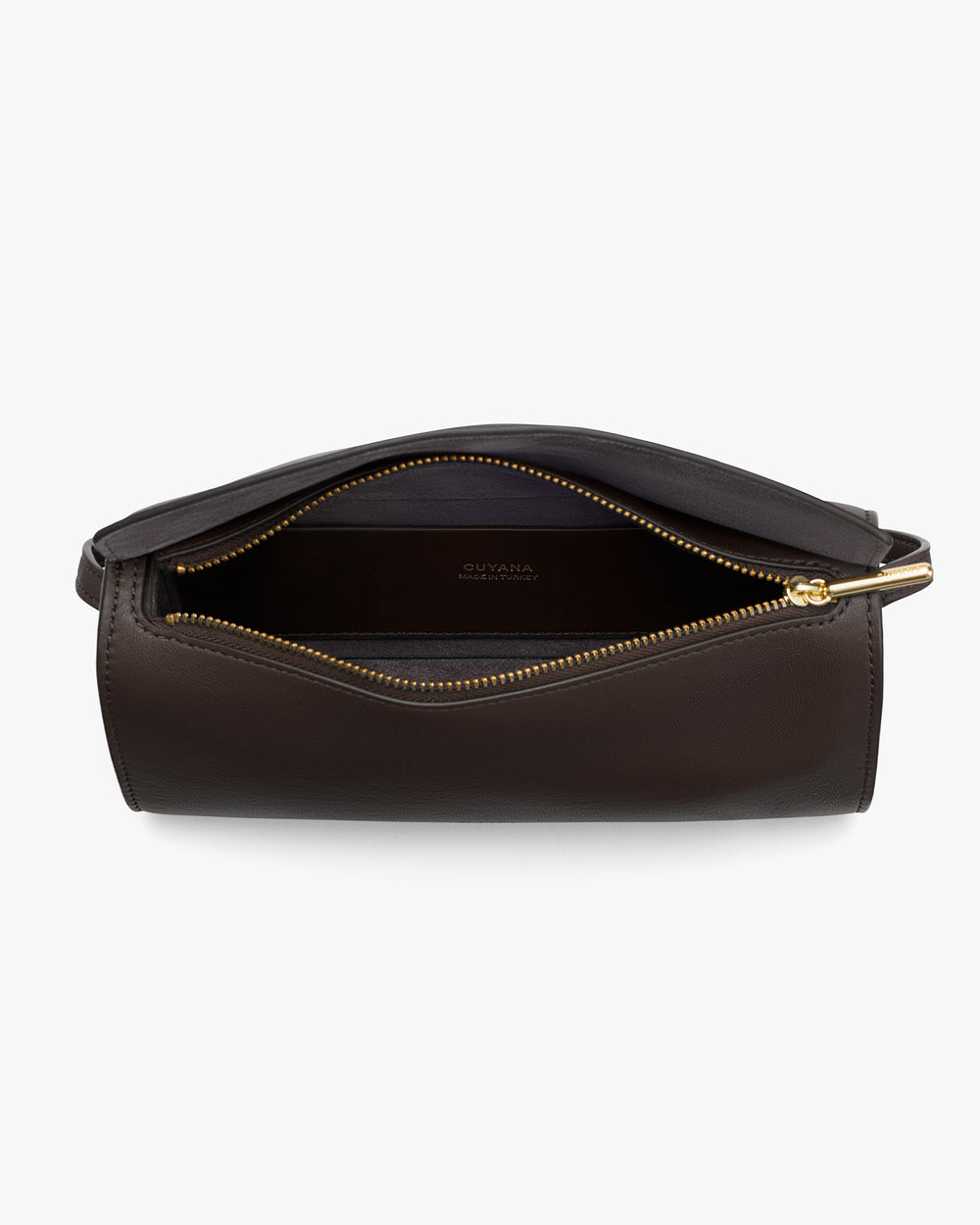 Open leather bag with visible zipper and interior pocket.