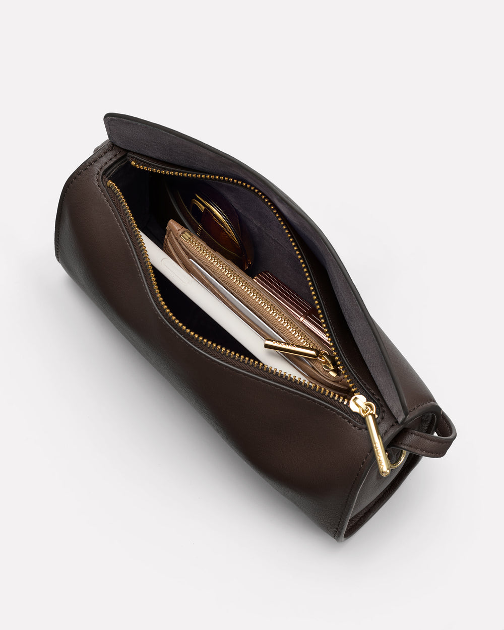 Open pouch with organized contents including wallet and papers.