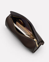 Open pouch with organized contents including wallet and papers.