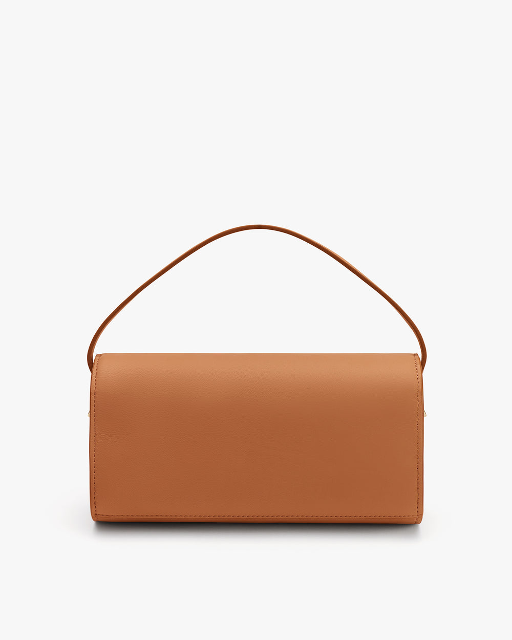 Rectangular handbag with top handle shown on plain background.