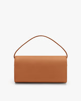 Rectangular handbag with top handle shown on plain background.